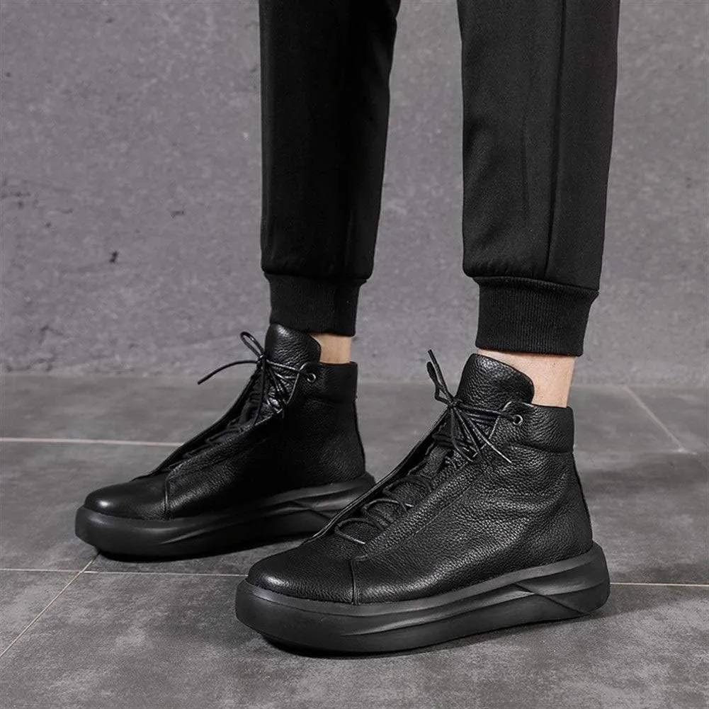 Ankle Boots For Men Mens Lace up High Top Low Heel Boots Office Party Club Show For Holiday Genuine Leather The First Layer Of Cowhide