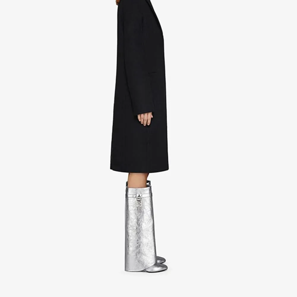 Arqa Fold Over Knee High Boots for Women Covered Wedge Heel Padlock Boot Almond Toe Wide Calf Pull-on Fashion Boots Party Shoes
