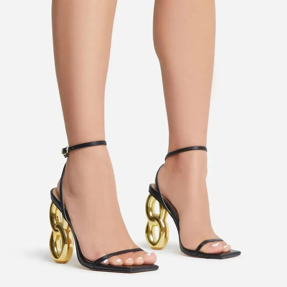Arqa Single Sole High Heels Ankle Strap Synthetic Leather Square Toe Gold Chain Heel Sandals Summer Slingback