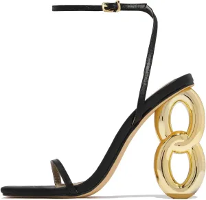 Arqa Single Sole High Heels Ankle Strap Synthetic Leather Square Toe Gold Chain Heel Sandals Summer Slingback