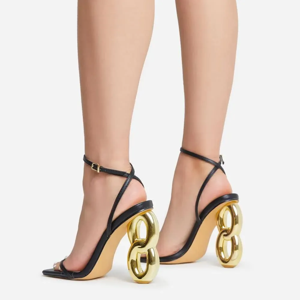 Arqa Single Sole High Heels Ankle Strap Synthetic Leather Square Toe Gold Chain Heel Sandals Summer Slingback