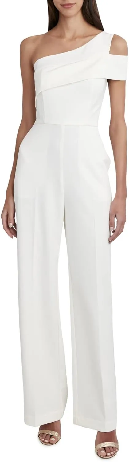 BCBGMAXAZRIA Women's One Shoulder Wide Leg Jumpsuit Double Strap Functional Pocket One Piece