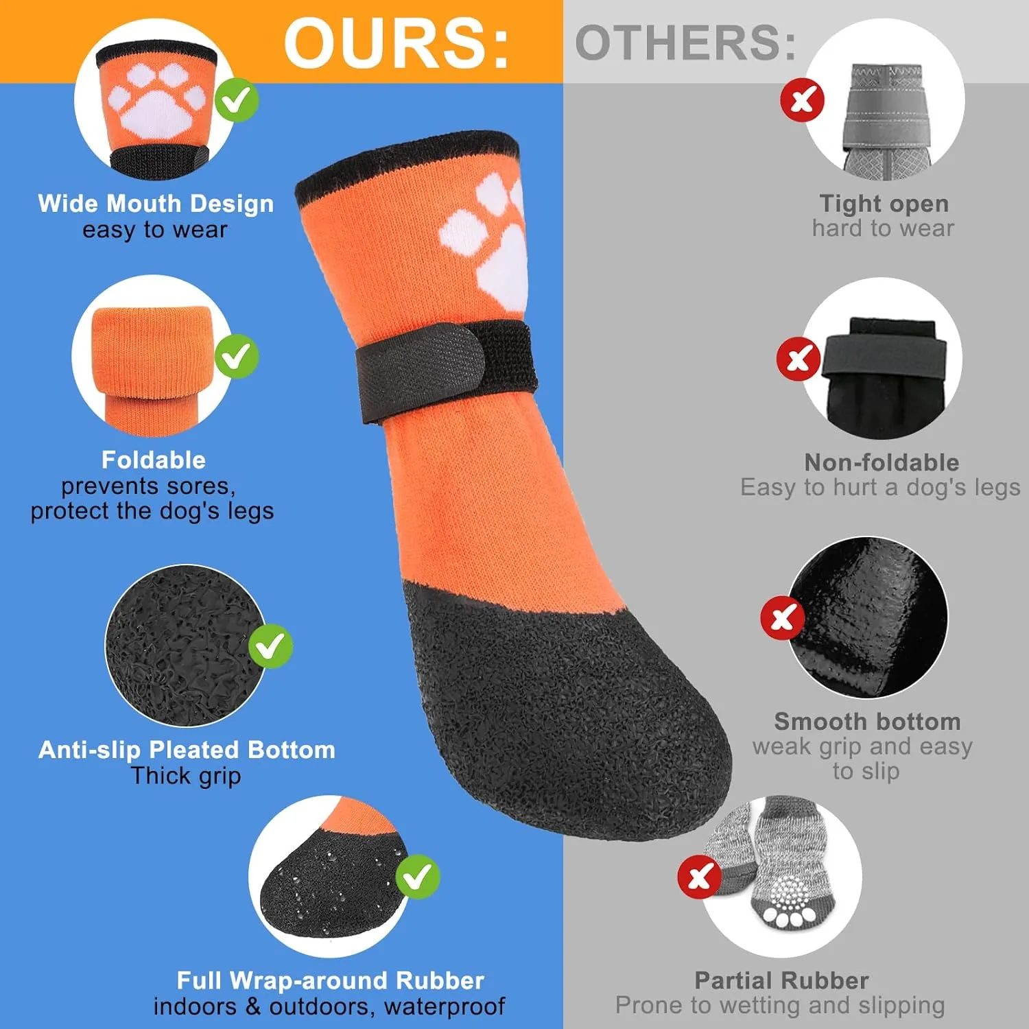 BEAUTYZOO Dog Boots for Medium Dogs, Dog Boots & Paw Protectors for Winter Snowy Day Summer Hot Pavement, Waterproof Dog Booties for Hardwood Floors, 6 PCS Grip Socks Shoes for Dogs, Orange M