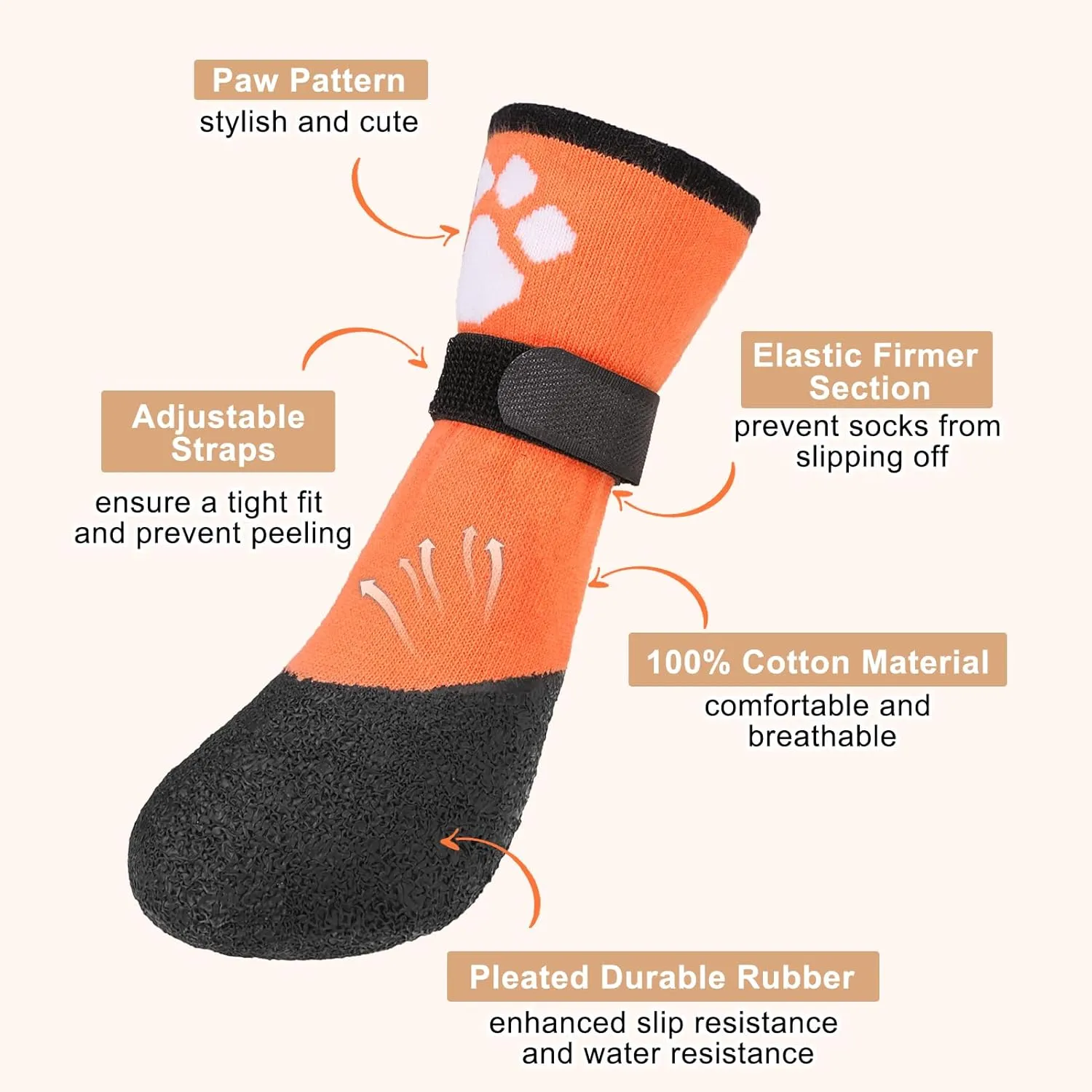 BEAUTYZOO Dog Boots for Medium Dogs, Dog Boots & Paw Protectors for Winter Snowy Day Summer Hot Pavement, Waterproof Dog Booties for Hardwood Floors, 6 PCS Grip Socks Shoes for Dogs, Orange M