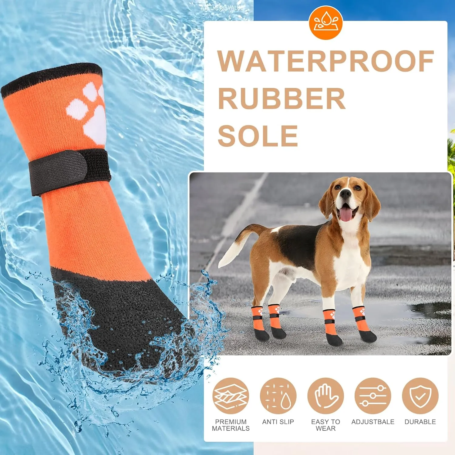 BEAUTYZOO Dog Boots for Medium Dogs, Dog Boots & Paw Protectors for Winter Snowy Day Summer Hot Pavement, Waterproof Dog Booties for Hardwood Floors, 6 PCS Grip Socks Shoes for Dogs, Orange M