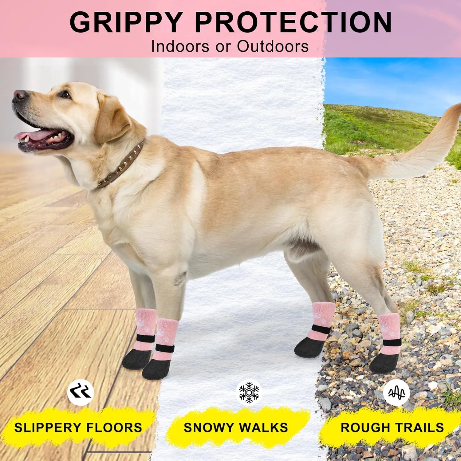 BEAUTYZOO Dog Boots for Winter, Fleece Warm Booties & Paw Protectors, Waterproof Socks to Prevent Licking, Anti-Slip Shoes for Hardwood Floor, Small Medium Senior Dogs, Pink