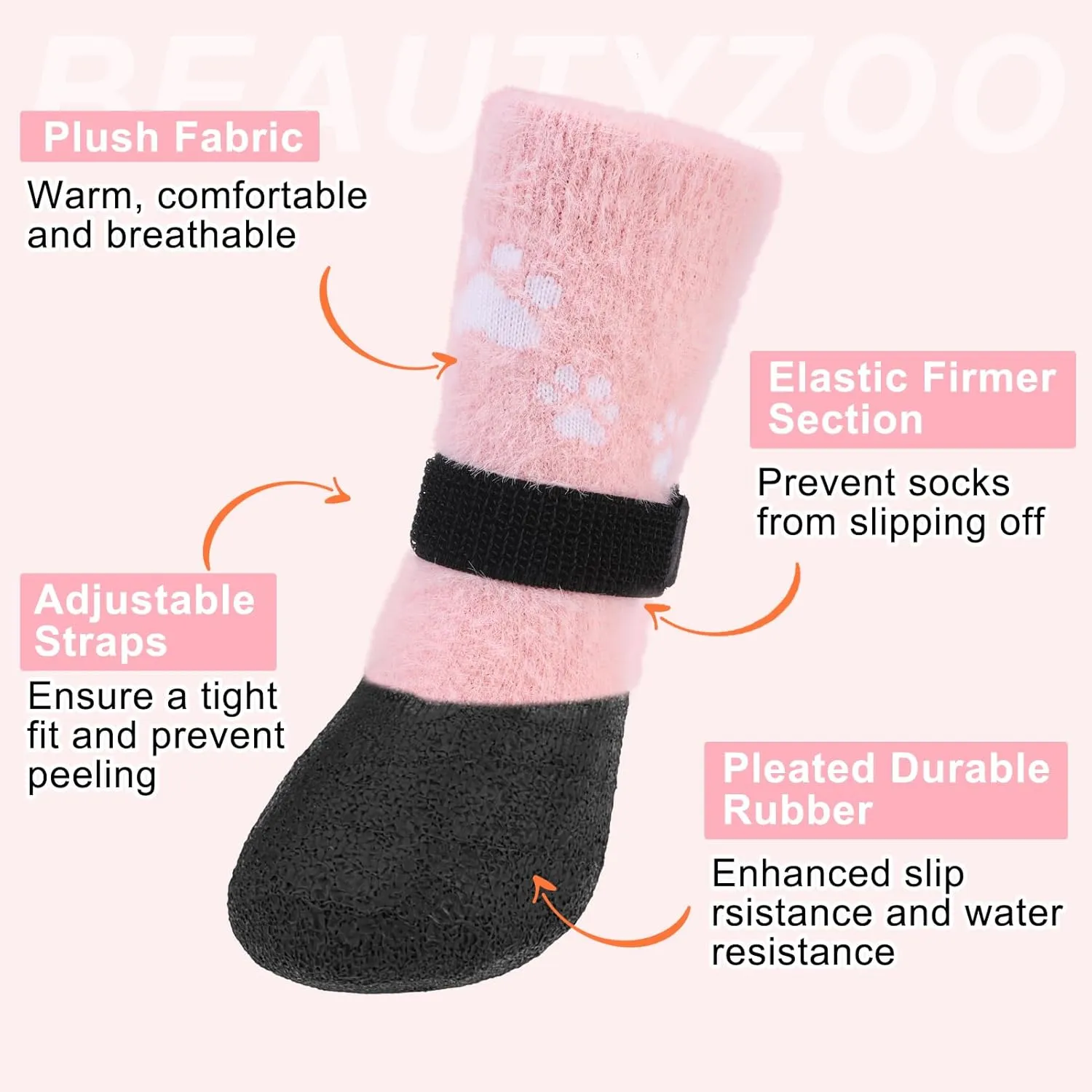 BEAUTYZOO Dog Boots for Winter, Fleece Warm Booties & Paw Protectors, Waterproof Socks to Prevent Licking, Anti-Slip Shoes for Hardwood Floor, Small Medium Senior Dogs, Pink