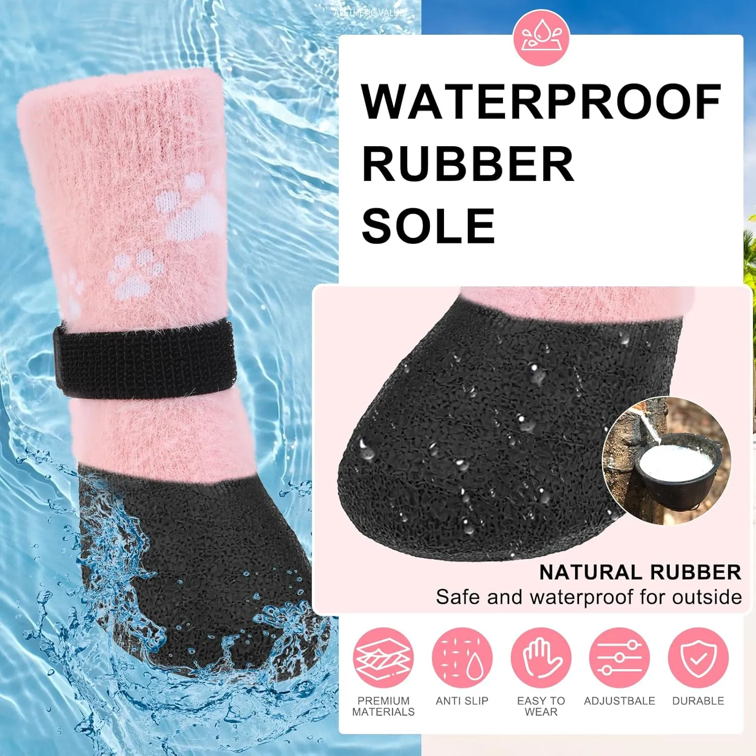 BEAUTYZOO Dog Boots for Winter, Fleece Warm Booties & Paw Protectors, Waterproof Socks to Prevent Licking, Anti-Slip Shoes for Hardwood Floor, Small Medium Senior Dogs, Pink