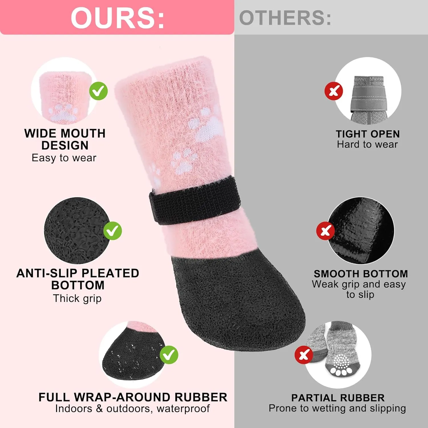 BEAUTYZOO Dog Boots for Winter, Fleece Warm Booties & Paw Protectors, Waterproof Socks to Prevent Licking, Anti-Slip Shoes for Hardwood Floor, Small Medium Senior Dogs, Pink