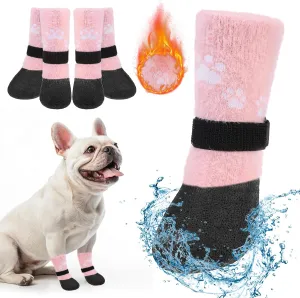 BEAUTYZOO Dog Boots for Winter, Fleece Warm Booties & Paw Protectors, Waterproof Socks to Prevent Licking, Anti-Slip Shoes for Hardwood Floor, Small Medium Senior Dogs, Pink