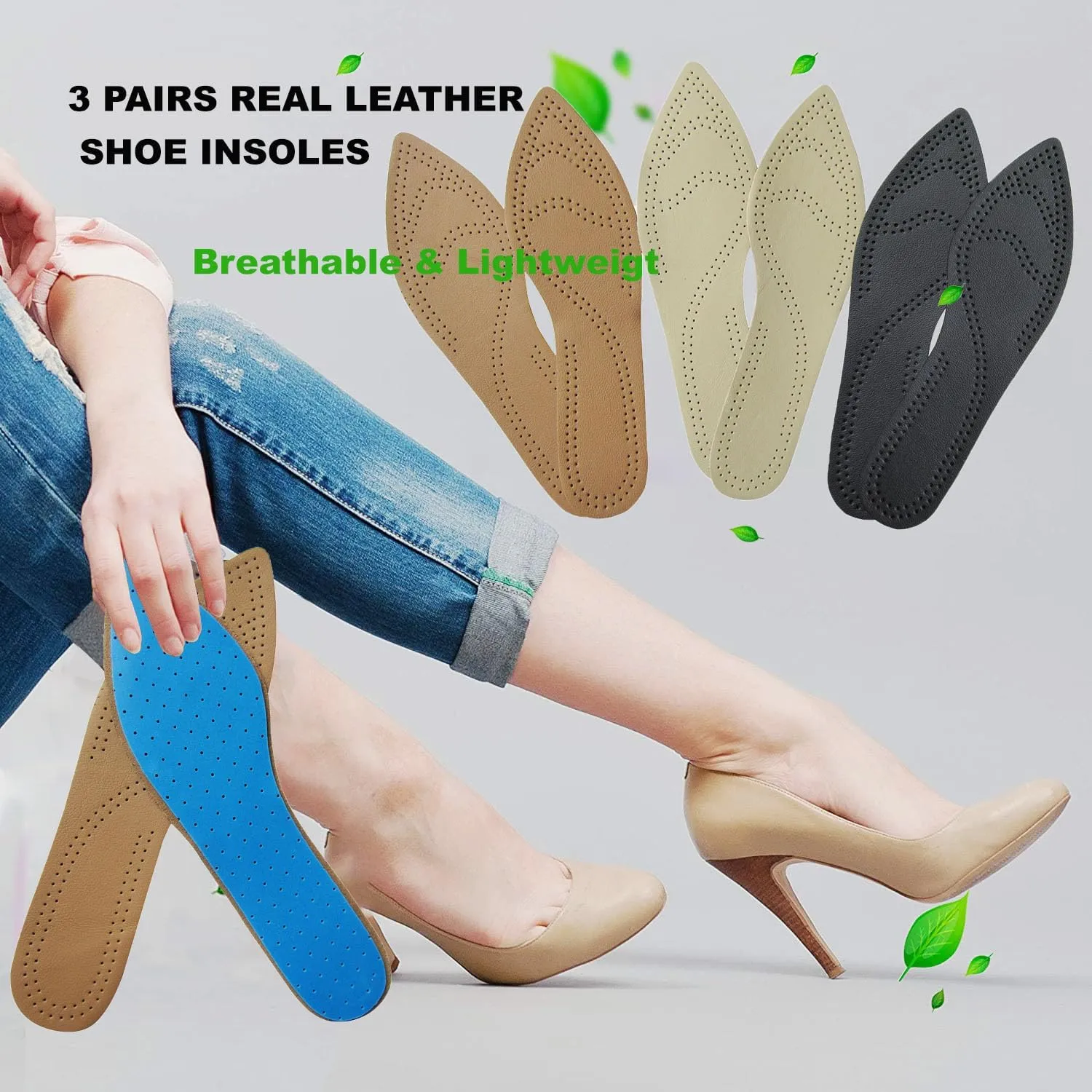 Bellcon Leather Inserts for Women High Heels Thin Leather Shoes Insoles for Women Pointed Shoes Sole Liners Replacement for Boots Nonslip Shoes Pads, 3 Pairs/Womens 9-10 M US