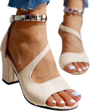 Black Womens Sandals Heel, Women's Buckle Strap Block Heel Sandals Beaded Fish Mouth High Heels Summer Casual Ankle Strap Sandals Bohemian Dressy