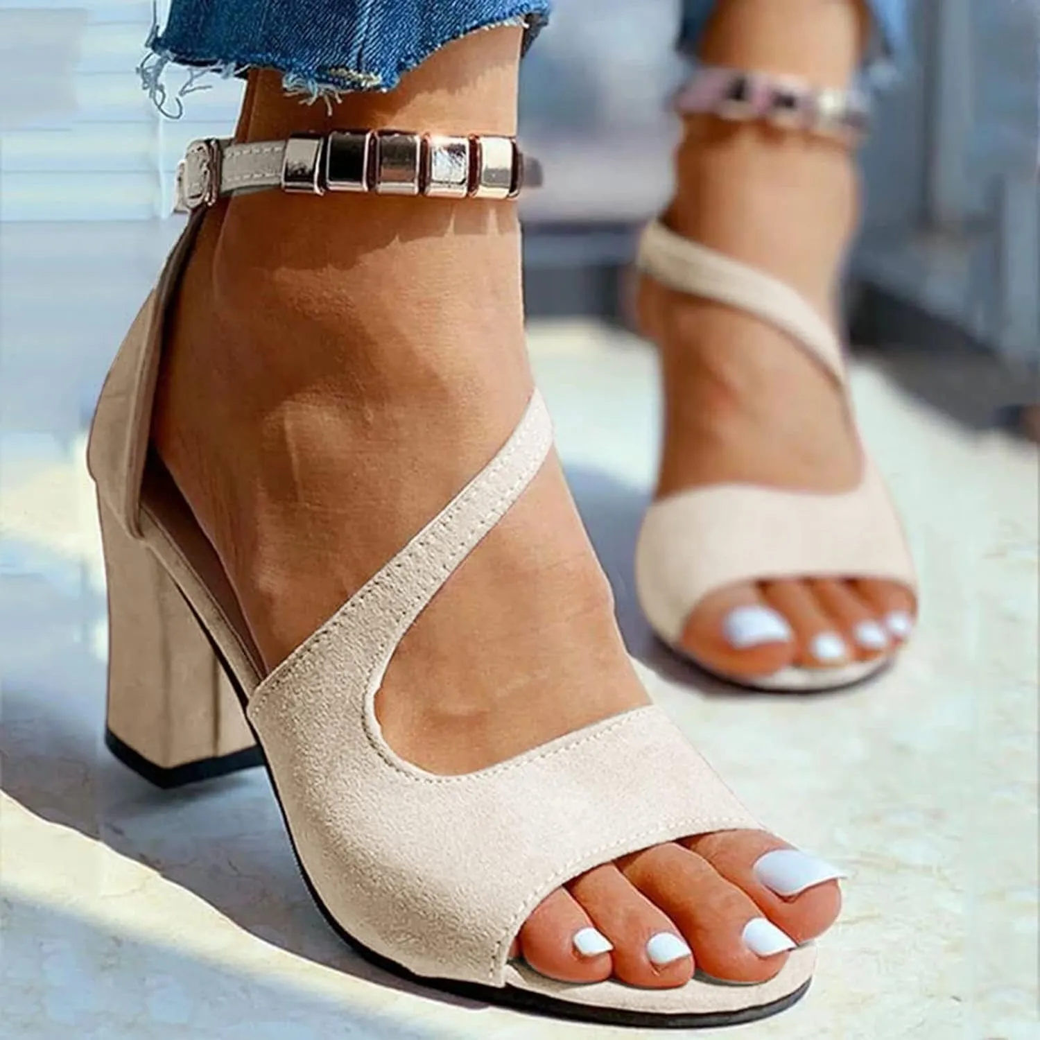 Black Womens Sandals Heel, Women's Buckle Strap Block Heel Sandals Beaded Fish Mouth High Heels Summer Casual Ankle Strap Sandals Bohemian Dressy