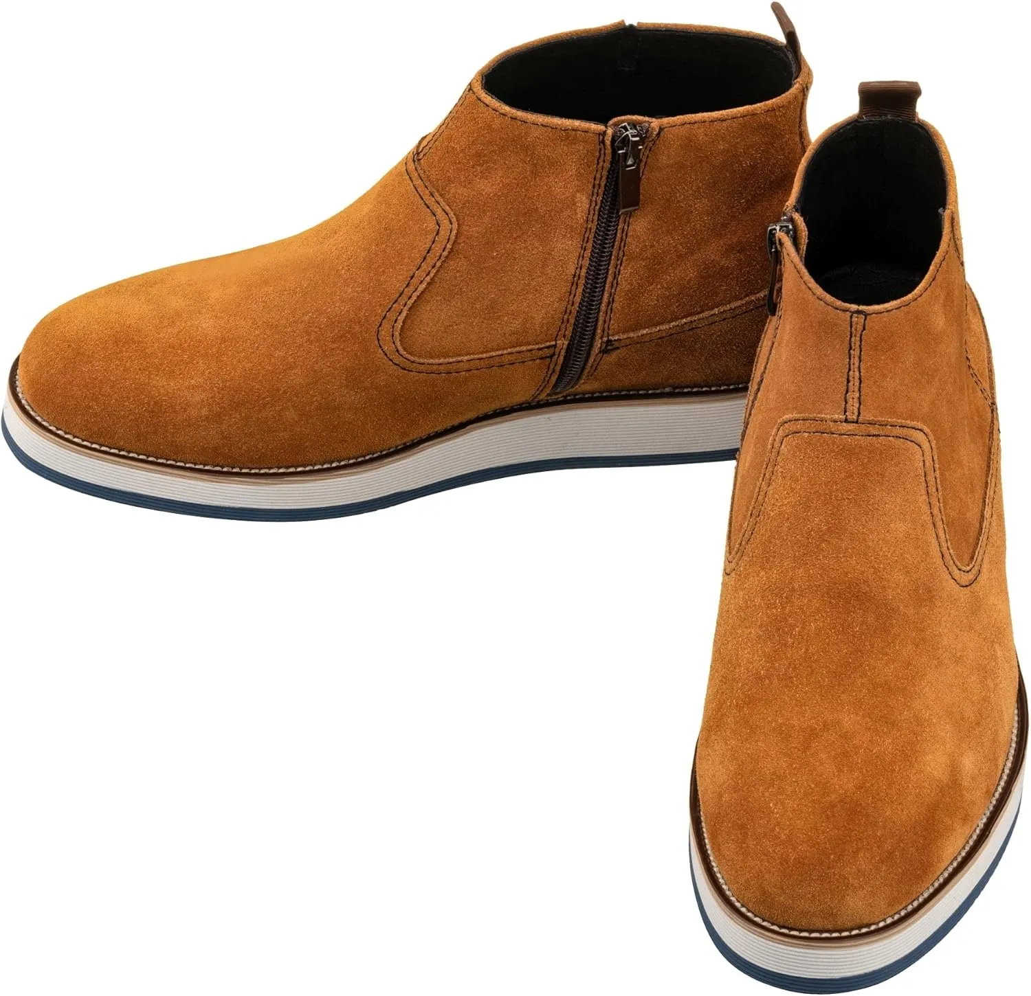 CALTO Men's Invisible Height Increasing Elevator Shoes - Khaki Brown Nubuck Leather Mid-top Zipper Boots - 3 Inches Taller - Y30023- Size 7.5 D(M) US