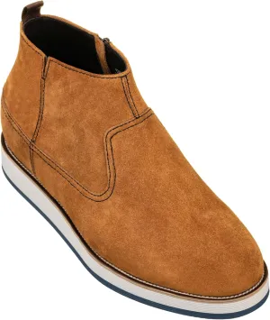 CALTO Men's Invisible Height Increasing Elevator Shoes - Khaki Brown Nubuck Leather Mid-top Zipper Boots - 3 Inches Taller - Y30023- Size 7.5 D(M) US
