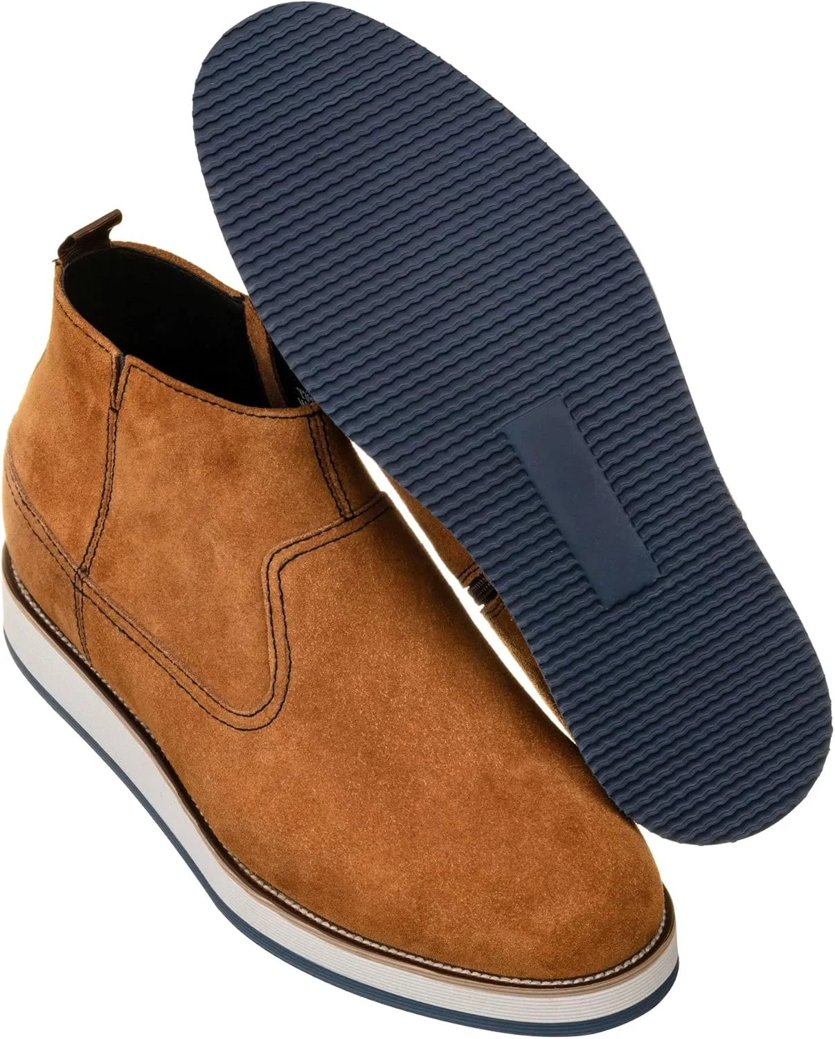 CALTO Men's Invisible Height Increasing Elevator Shoes - Khaki Brown Nubuck Leather Mid-top Zipper Boots - 3 Inches Taller - Y30023- Size 7.5 D(M) US