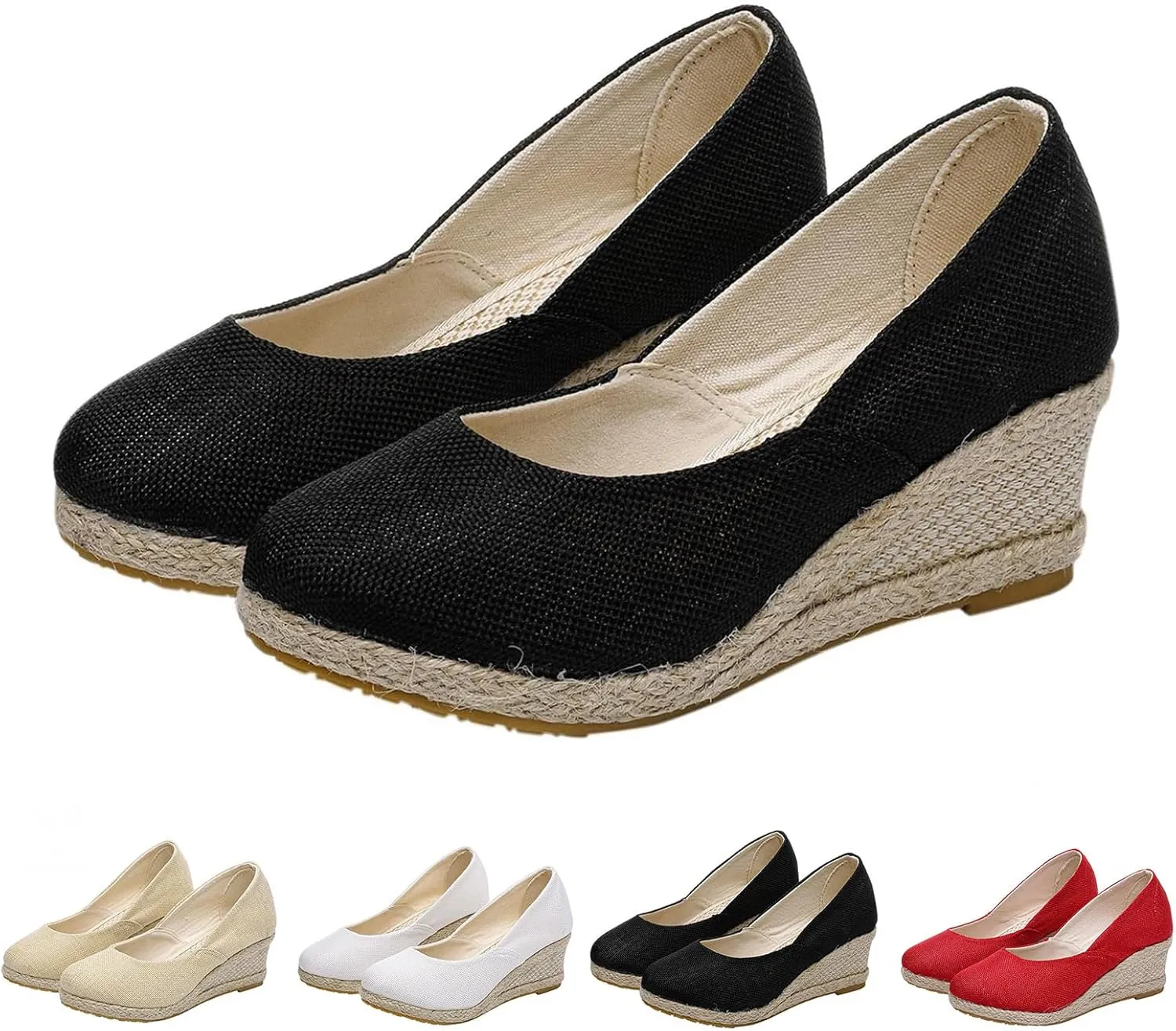 Canvas Espadrilles Wedges for Women Closed Toe High Heels Dress Sandals Round Toe Slip on Shoes Elegant Chunky Comfortable Walking Shoes