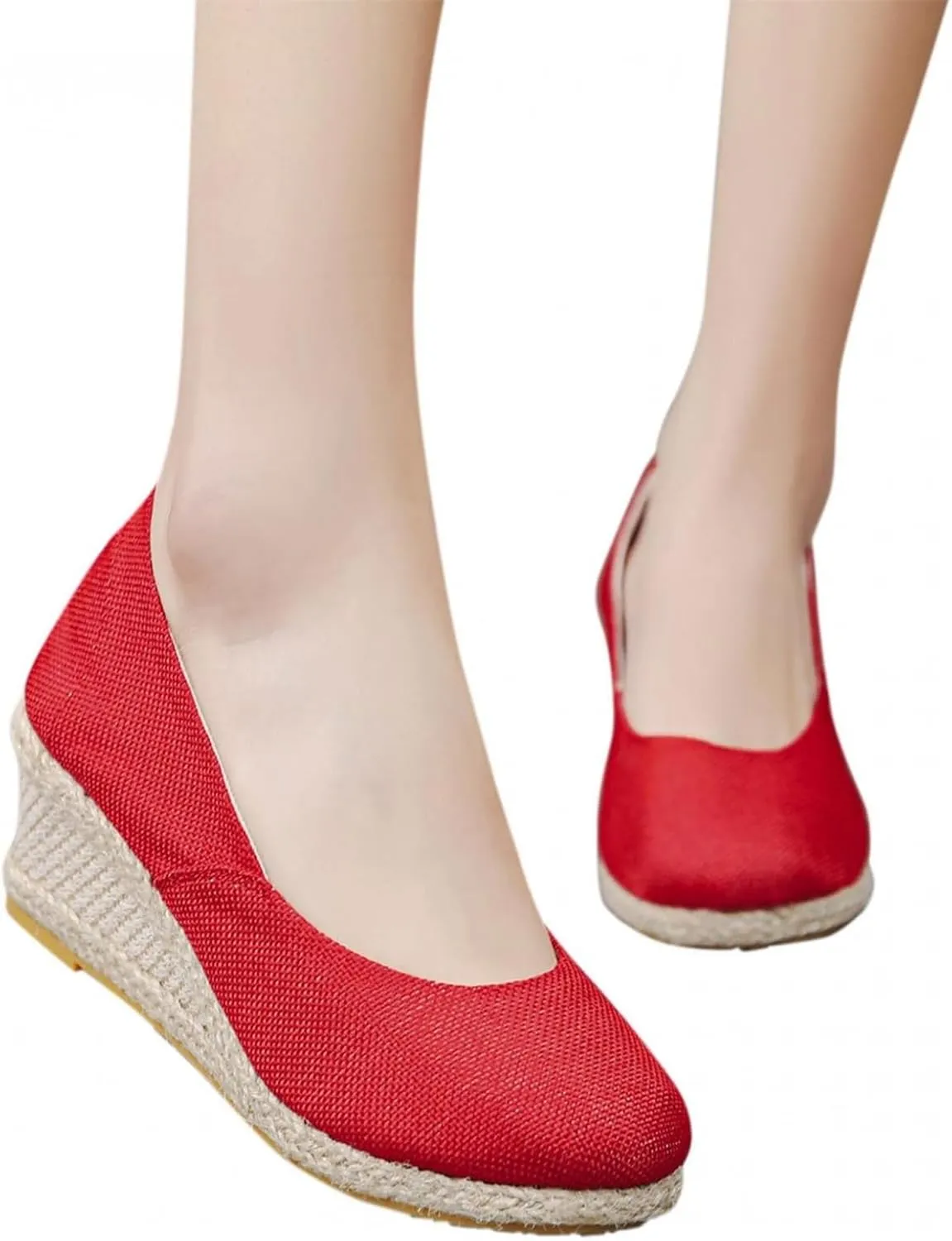Canvas Espadrilles Wedges for Women Closed Toe High Heels Dress Sandals Round Toe Slip on Shoes Elegant Chunky Comfortable Walking Shoes