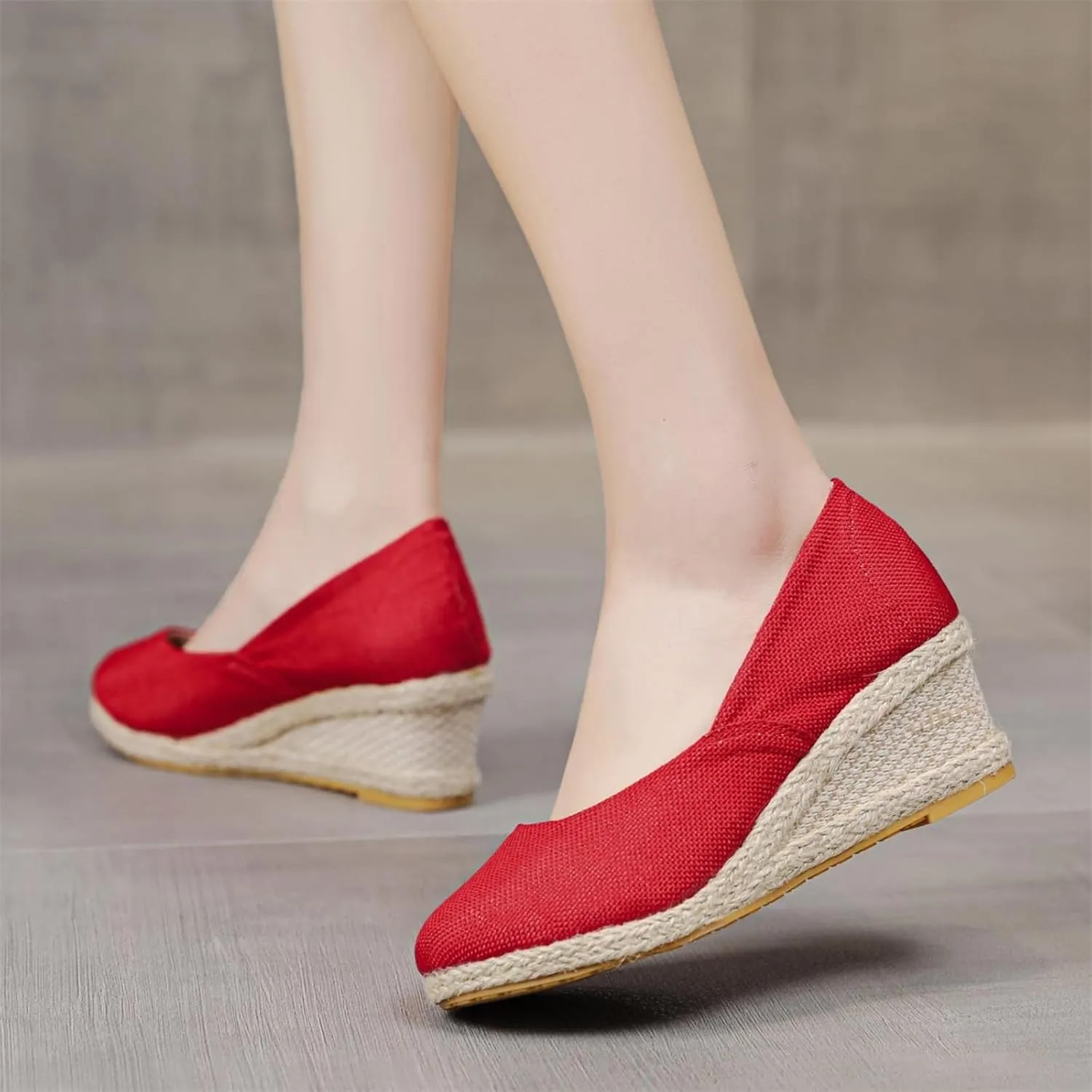 Canvas Espadrilles Wedges for Women Closed Toe High Heels Dress Sandals Round Toe Slip on Shoes Elegant Chunky Comfortable Walking Shoes