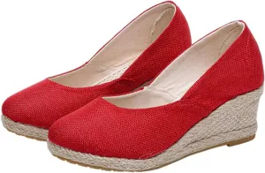 Canvas Espadrilles Wedges for Women Closed Toe High Heels Dress Sandals Round Toe Slip on Shoes Elegant Chunky Comfortable Walking Shoes