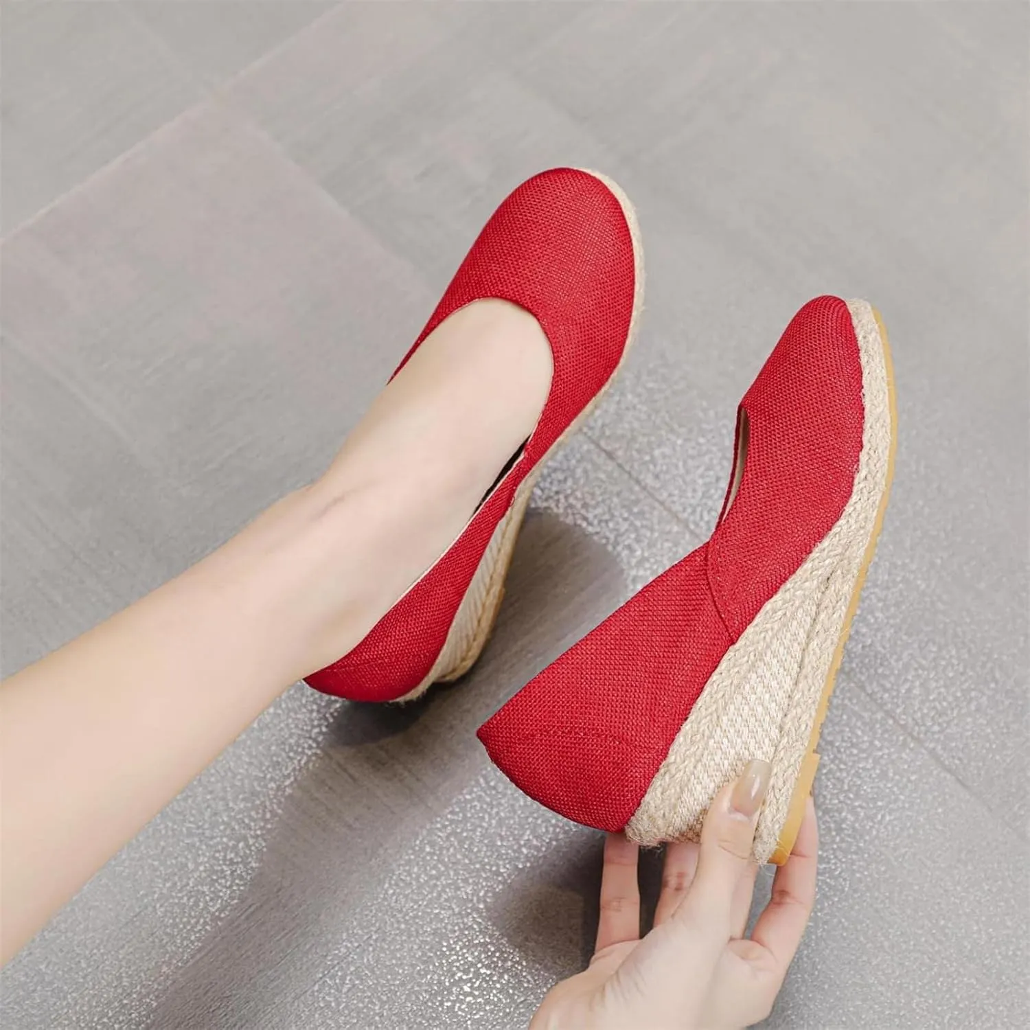 Canvas Espadrilles Wedges for Women Closed Toe High Heels Dress Sandals Round Toe Slip on Shoes Elegant Chunky Comfortable Walking Shoes