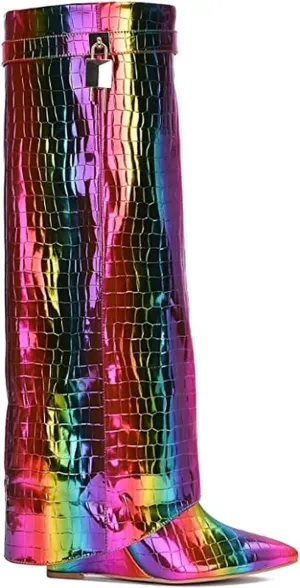 Cape Robbin Women's Wedge Boots Knee High Pull On Pointed Fold Over Wedge Heel Boots