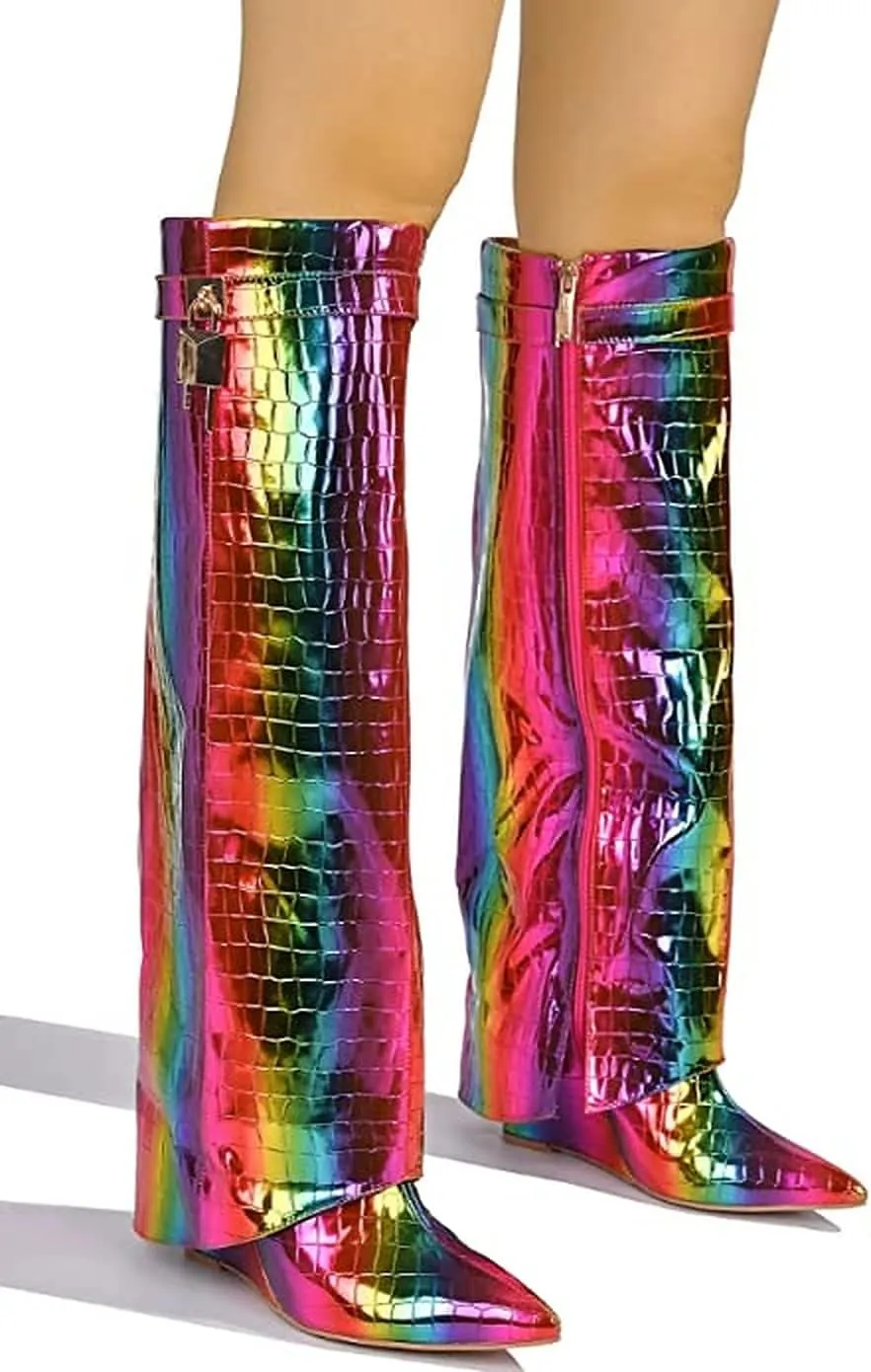 Cape Robbin Women's Wedge Boots Knee High Pull On Pointed Fold Over Wedge Heel Boots