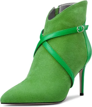 Castamere Womens High Heel Pointed Toe Ankle Boots Short Bootie Cross-Strap Zipper Patchwork Prom Sexy 3.2 Inches Heels