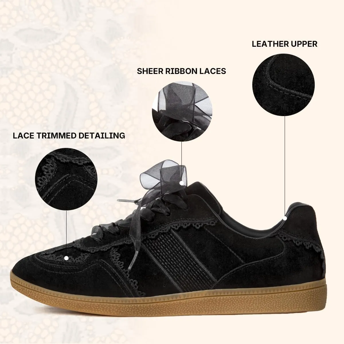 Casual Sneakers for Women Lace Detail – Elegant Ribbon Lace-Up Fashion Sneakers with Leather Upper Memory Foam Insole and Slip On Trendy Casual Shoes for Women