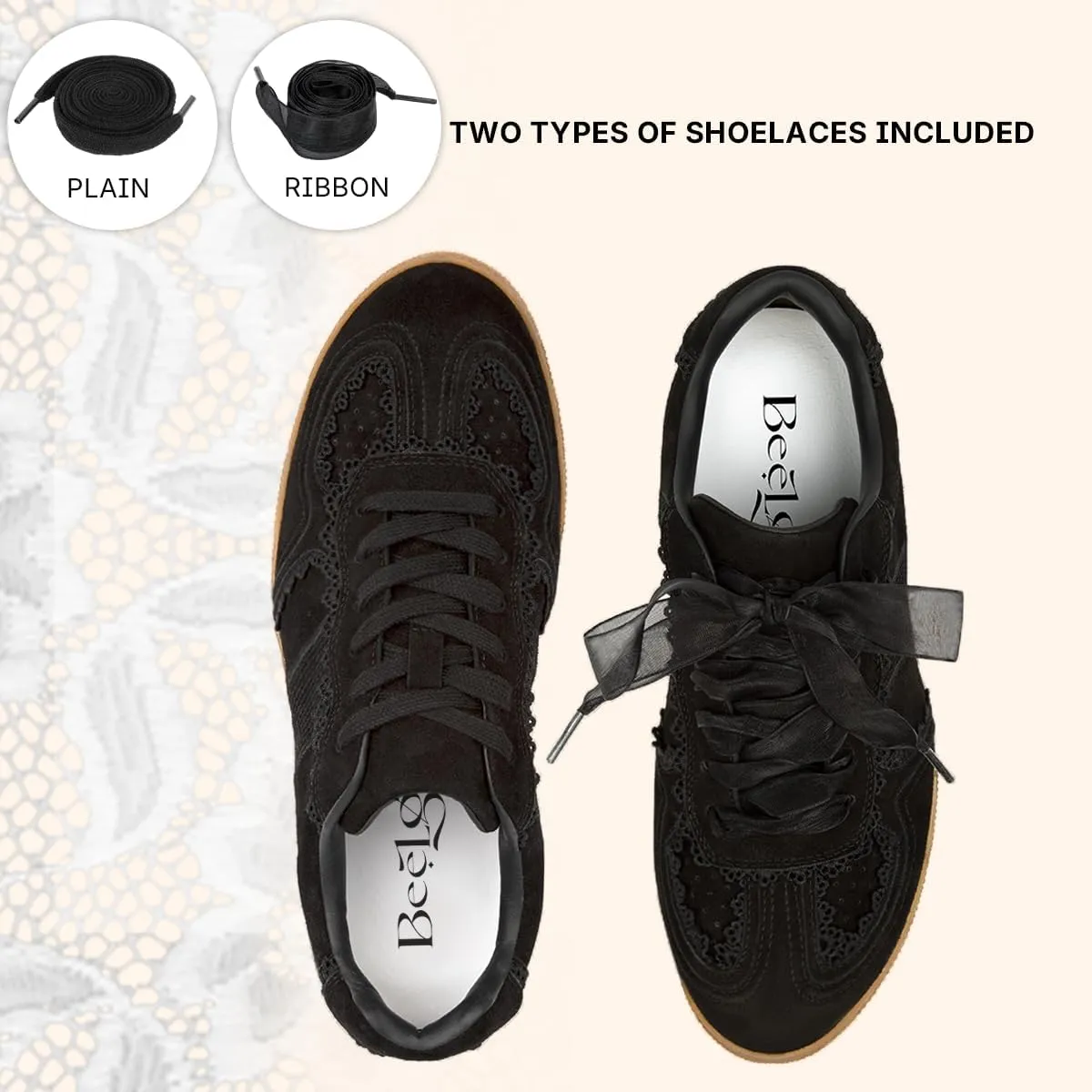 Casual Sneakers for Women Lace Detail – Elegant Ribbon Lace-Up Fashion Sneakers with Leather Upper Memory Foam Insole and Slip On Trendy Casual Shoes for Women