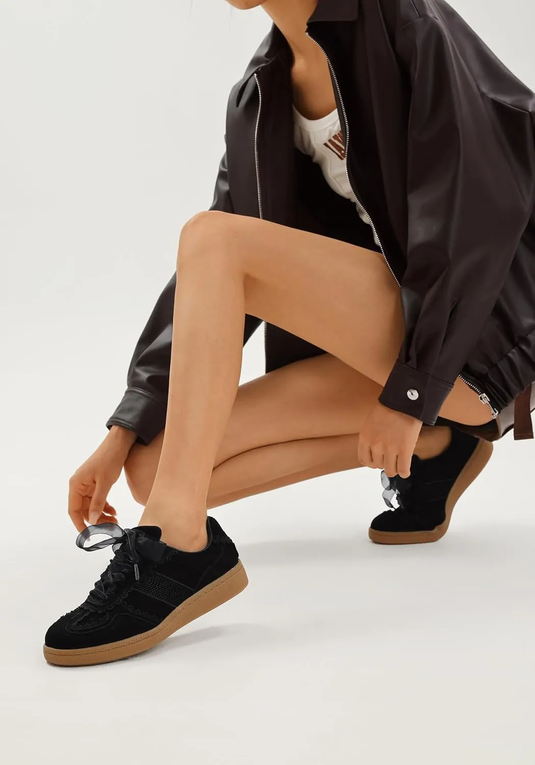 Casual Sneakers for Women Lace Detail – Elegant Ribbon Lace-Up Fashion Sneakers with Leather Upper Memory Foam Insole and Slip On Trendy Casual Shoes for Women