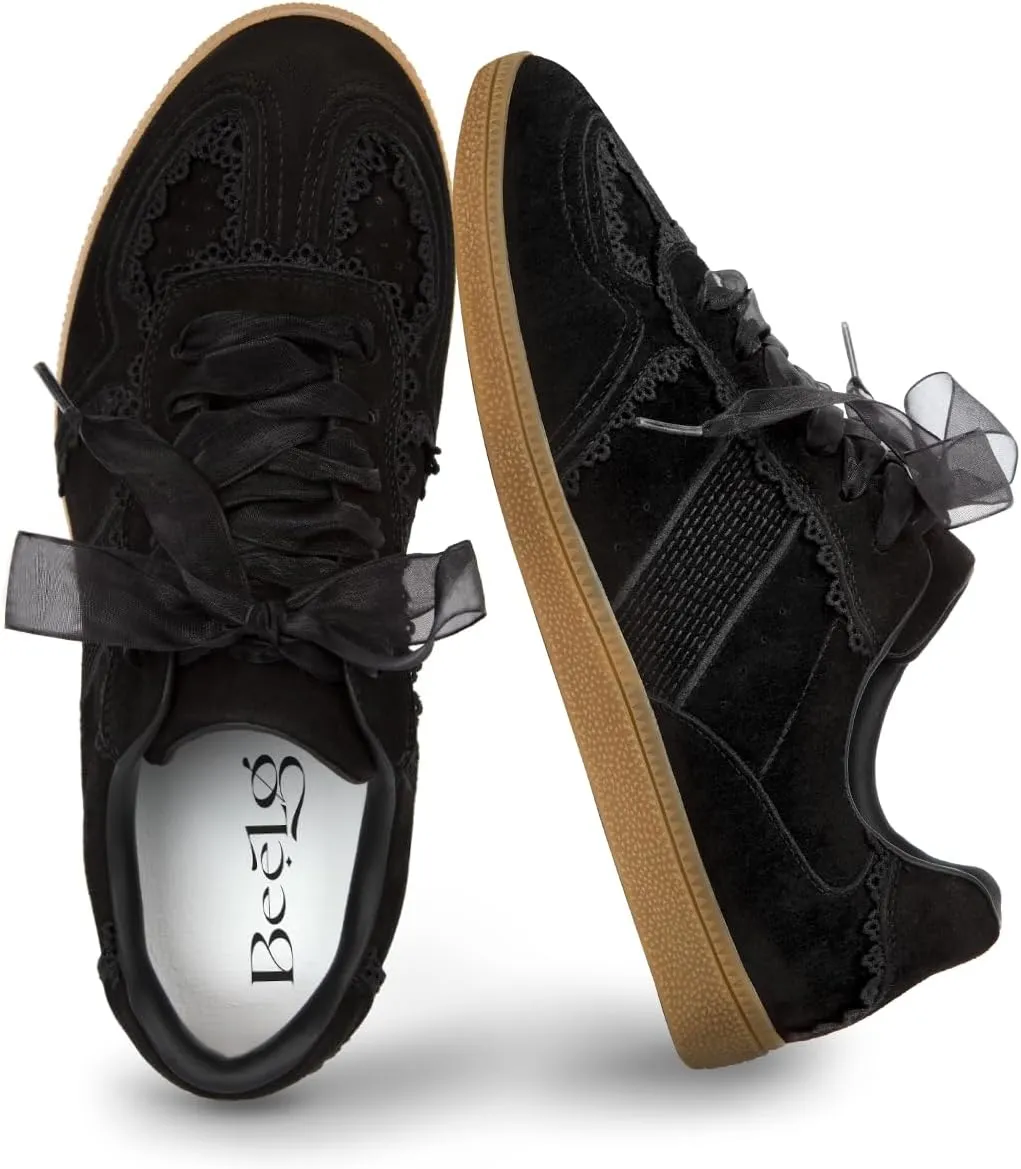 Casual Sneakers for Women Lace Detail – Elegant Ribbon Lace-Up Fashion Sneakers with Leather Upper Memory Foam Insole and Slip On Trendy Casual Shoes for Women