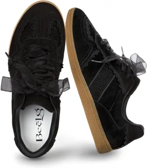 Casual Sneakers for Women Lace Detail – Elegant Ribbon Lace-Up Fashion Sneakers with Leather Upper Memory Foam Insole and Slip On Trendy Casual Shoes for Women
