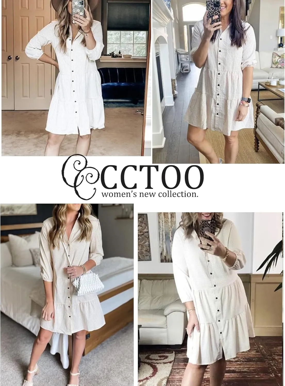 CCTOO Women's Summer Dresses Casual V Neck Button Down 3/4 Sleeve Floral Print Loose Flowy Shirt Dress