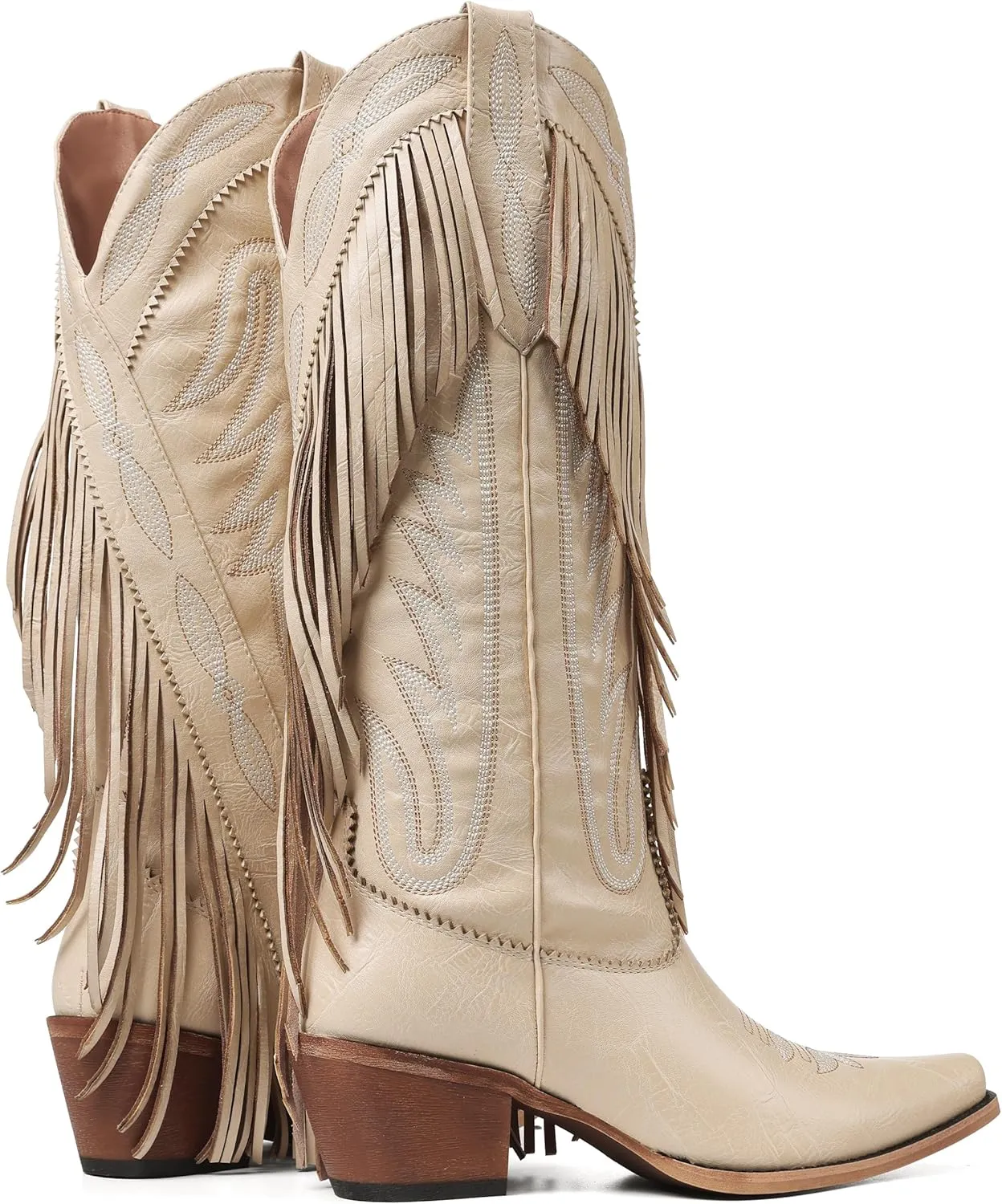 Celbreez Fringe Cowgirl Boots with Classic Embroidery Cowboy Boots for Women Wide Calf Pointed Toe Chunky Heel Pull on Knee High Western Boots