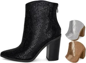 Chariot & Co Wyatt Sparkly Cowgirl Boots for Women – Silver, Gold, Black Western Ankle Booties with Rhinestones – Bedazzled Cowboy Boots 3.25” Heel