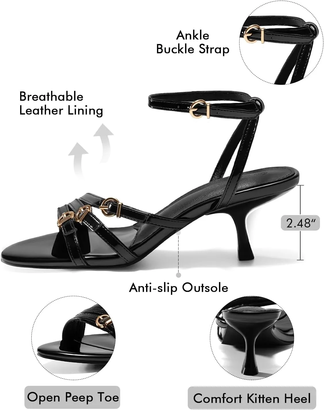 Coutgo Womens Kitten Low Heels Sandals Strappy Dress Shoes Open Toe Summer Party Wedding Shoes