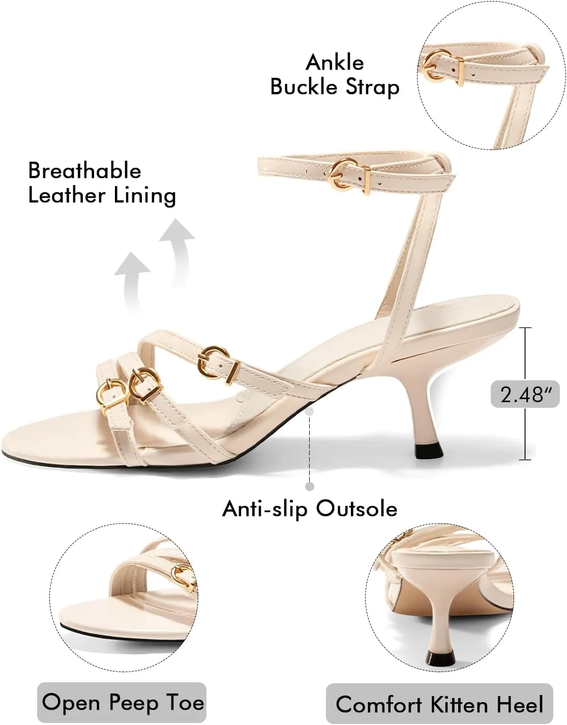 Coutgo Womens Kitten Low Heels Sandals Strappy Dress Shoes Open Toe Summer Party Wedding Shoes