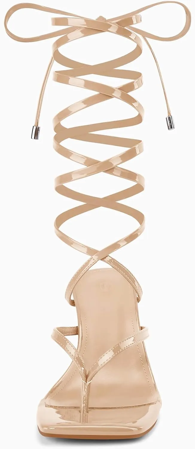 Coutgo Womens Strappy Thong Heels Sandals Sexy Lace up Wrap Ankle Strap Square Toe High Heeled Dress Summer Party Shoes