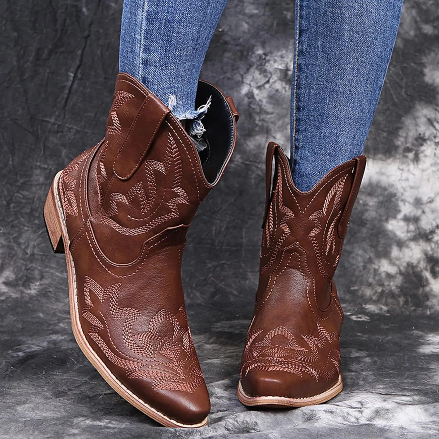 Cowboy Boots for Women Ankle Cowgirl Western Booties Stitched Embroidered Pointed Toe Classic Short Boots