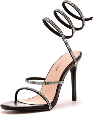 Crystal Queen 4.2 inches Rhinestone Stiletto Heels Sandals Peep Toe Sexy Women's Ankle Strap Bandage High Heel Sandals