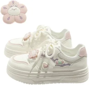 Cute Kawaii Women & Girls Chunky Sneakers with Flower Bunny Charms, Retro Minimalist Mesh Lightweight Comfy Streetwear Y2K White Shoes for Back to School, Everyday Wear & Beach Travel