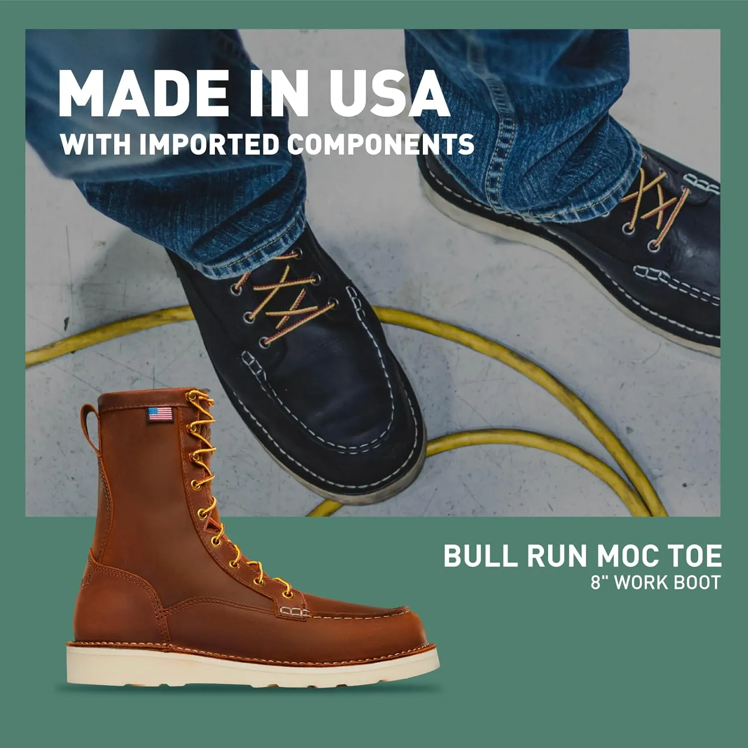 Danner 8” Bull Run Moc Toe Work Boots for Men - Durable Full-Grain Leather with Non Slip Wedge Outsole and 3-Density Cushion Footbed, EH Resistant