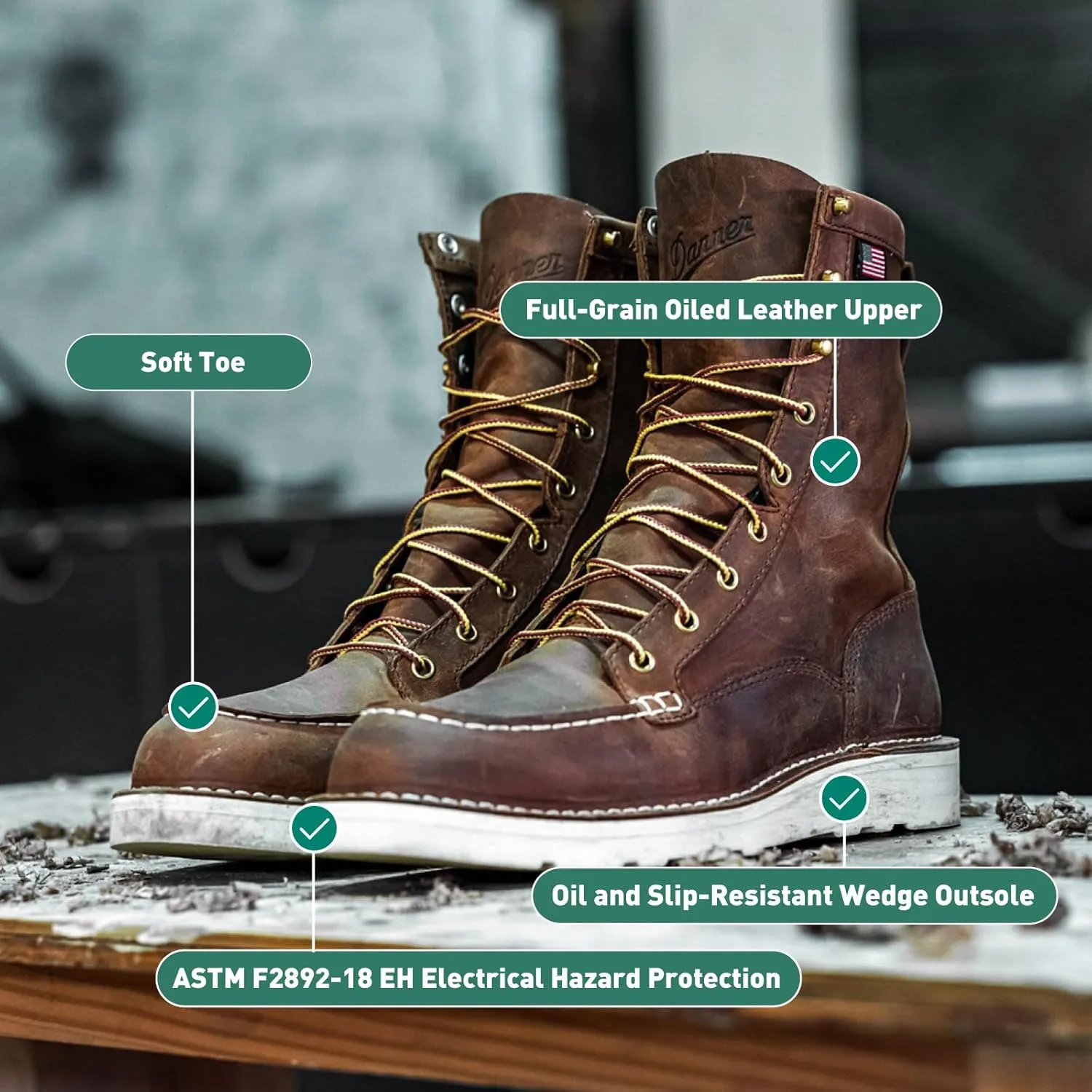 Danner 8” Bull Run Moc Toe Work Boots for Men - Durable Full-Grain Leather with Non Slip Wedge Outsole and 3-Density Cushion Footbed, EH Resistant