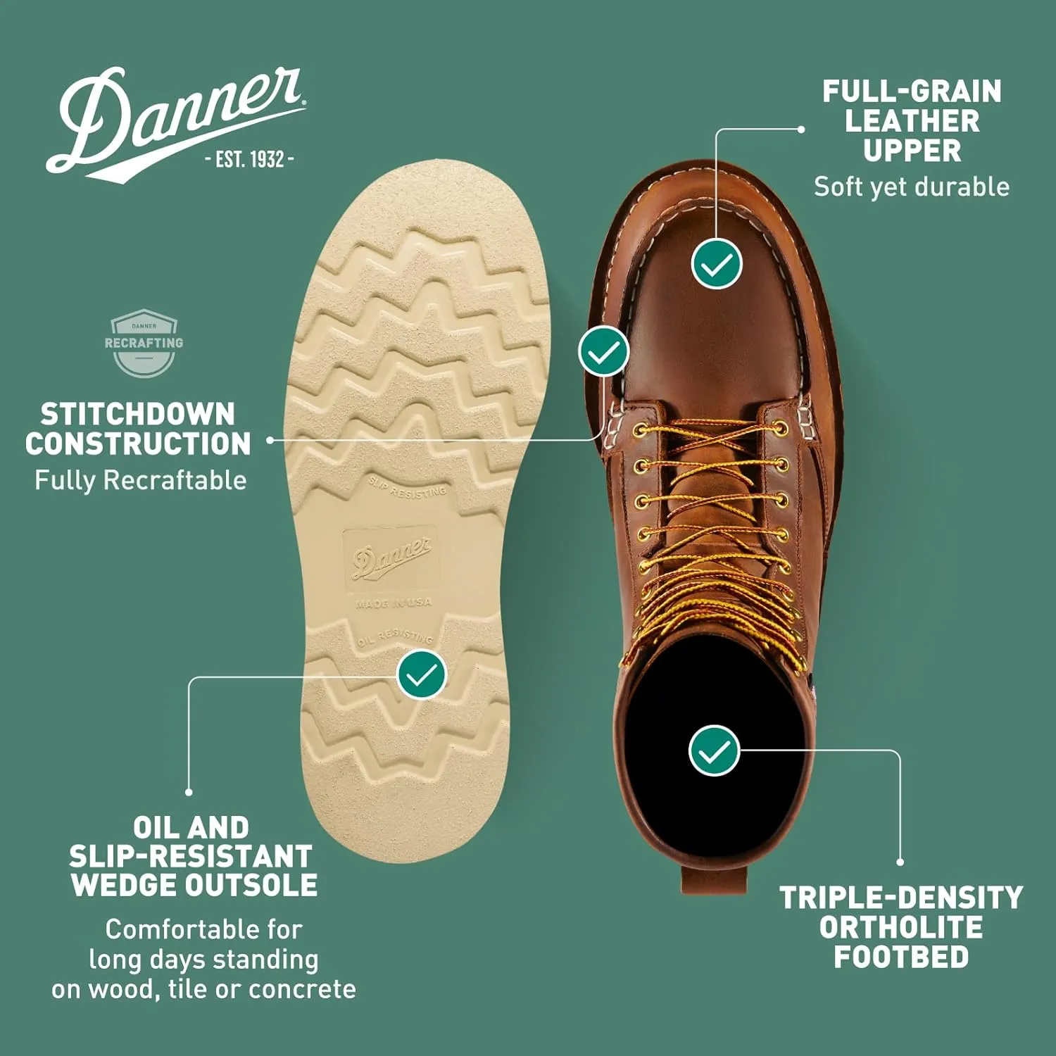 Danner 8” Bull Run Moc Toe Work Boots for Men - Durable Full-Grain Leather with Non Slip Wedge Outsole and 3-Density Cushion Footbed, EH Resistant