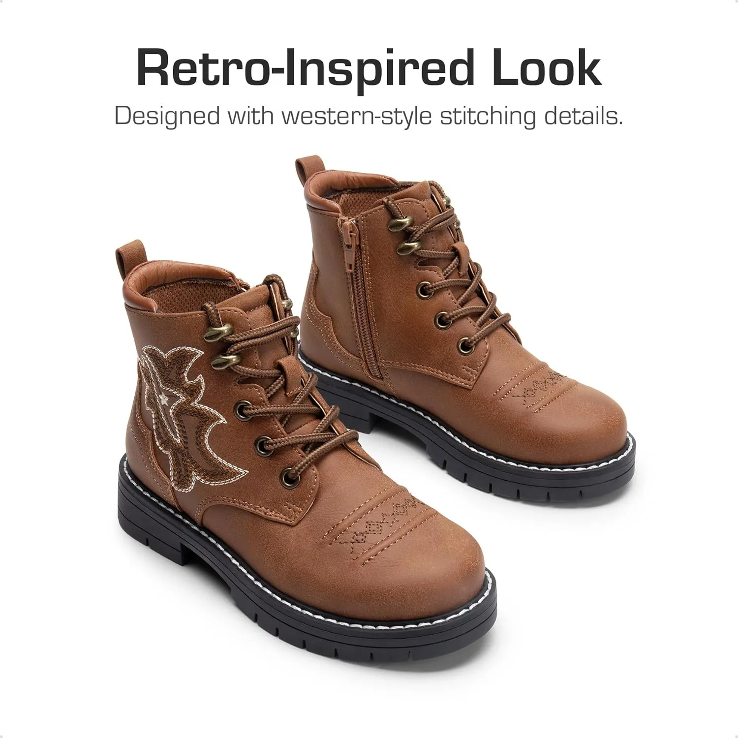 DREAM PAIRS Boys Girls Combat Ankle Boots Cowboy Cowgirl Western Embroidered Side Zipper Booties Toddler/Little Kid/Big Kid