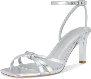 Dsevht Gold Heels for Women Dressy Gold Strappy Bow Heeled Sandals Square Open Toe High Heels Sexy Metallic Dress Shoes for Wedding