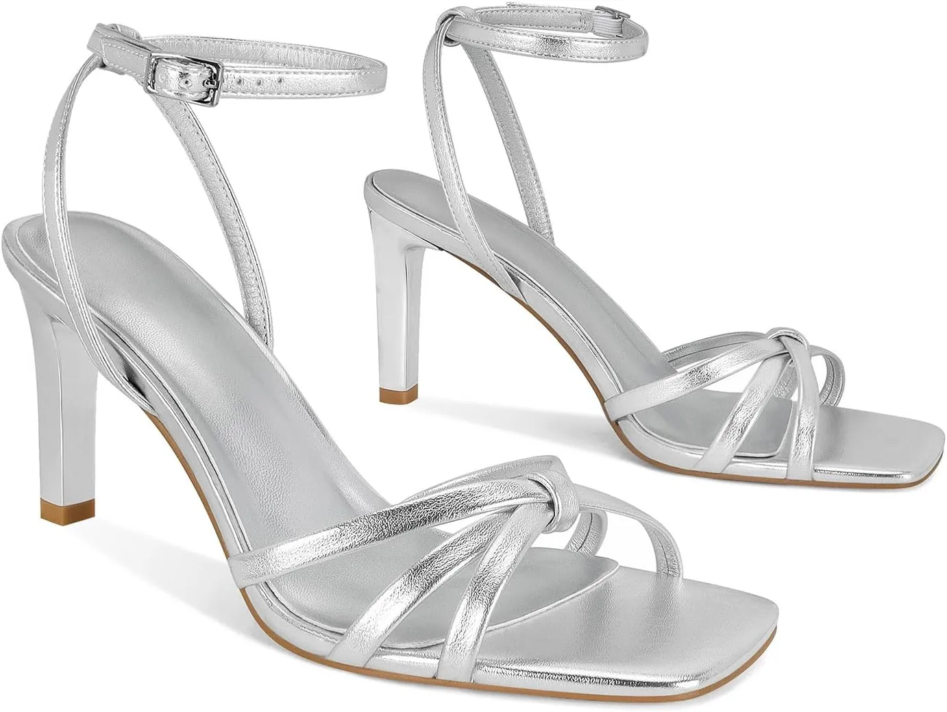 Dsevht Gold Heels for Women Dressy Gold Strappy Bow Heeled Sandals Square Open Toe High Heels Sexy Metallic Dress Shoes for Wedding