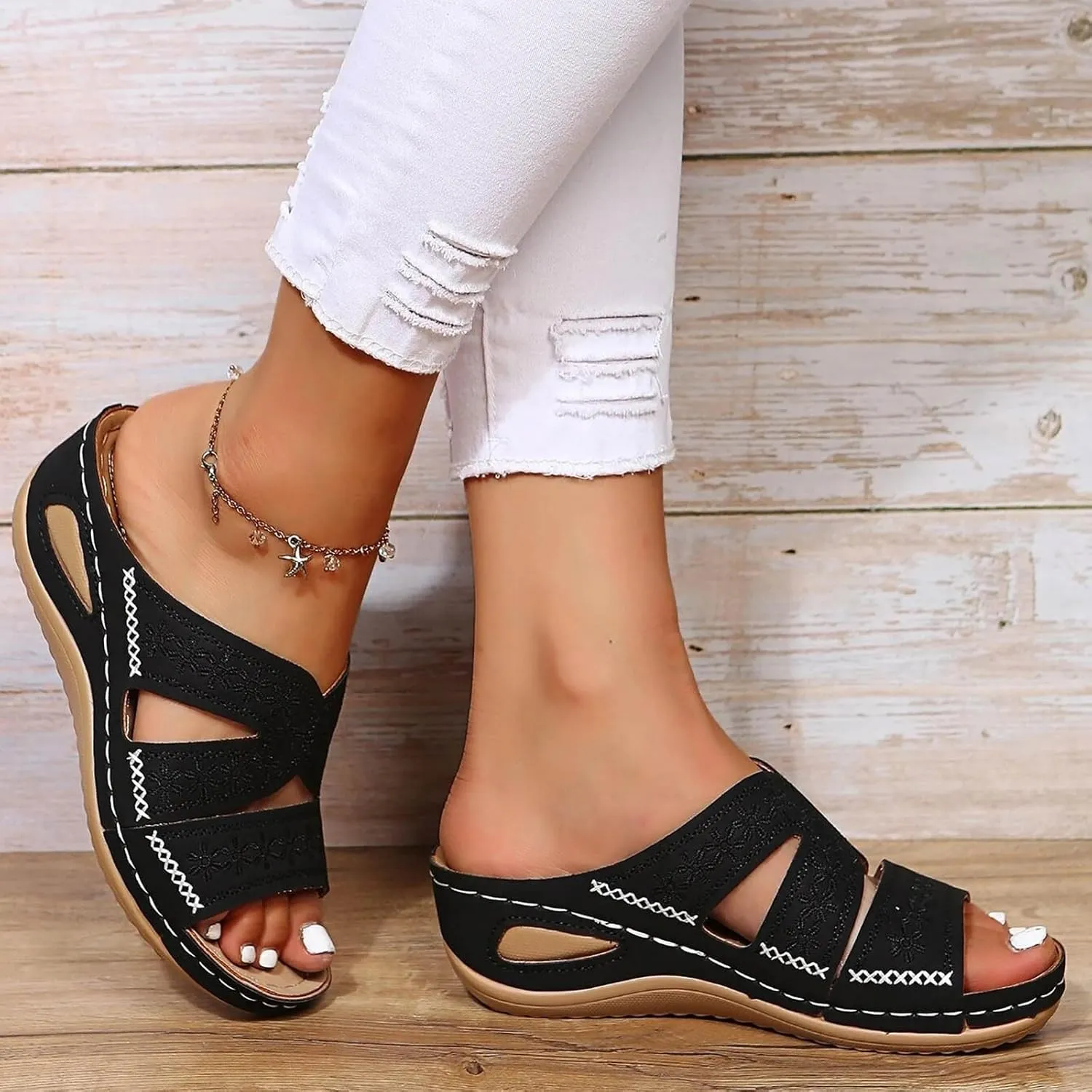Eduavar Sandals for Women 2023, Womens Sandals Wedge Sandals Slip-On Open Toe Sandals Comfy Vintage Sandals Shoes
