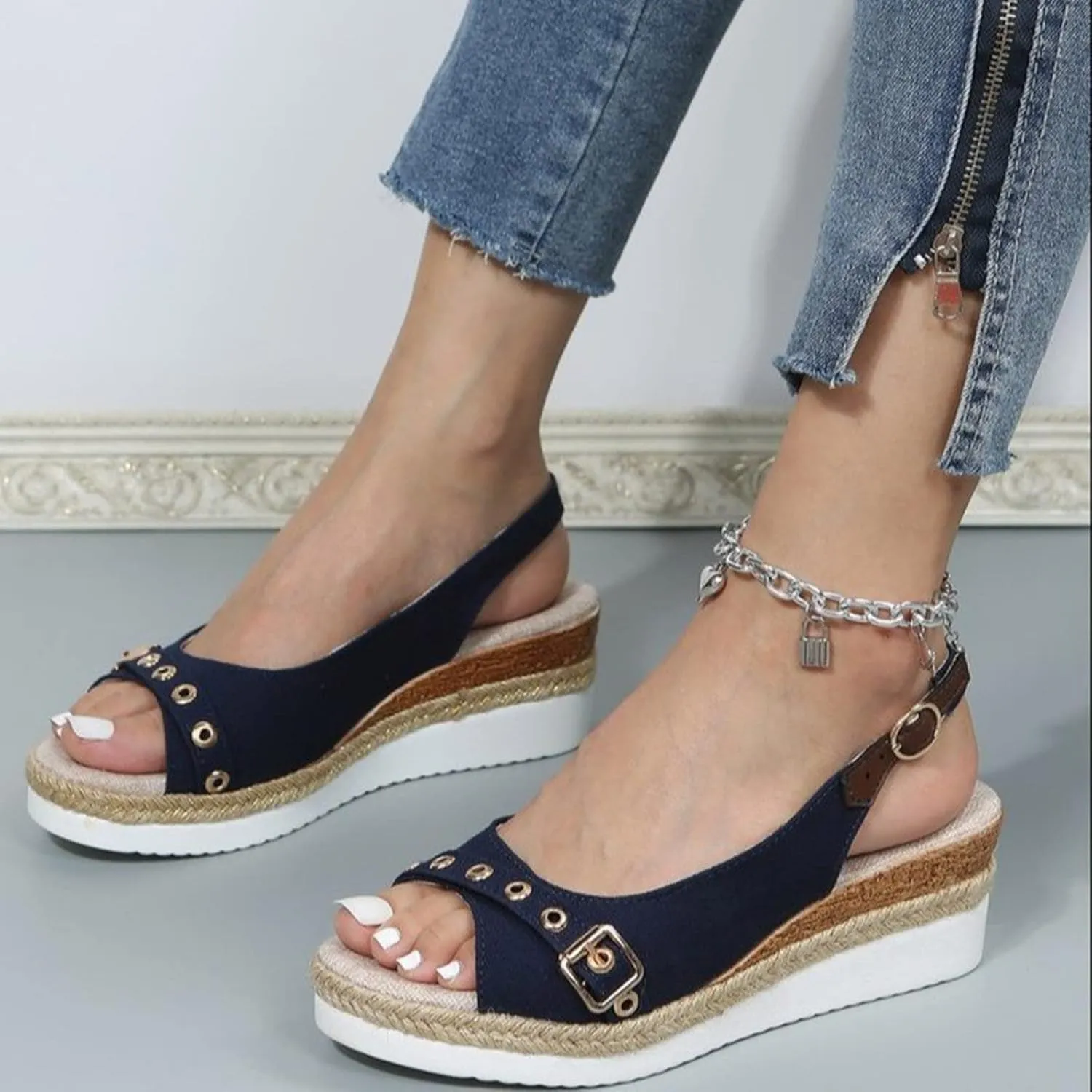 Eduavar Womens Wedge Sandals, Orthopedic Sandals for Women Peep Toe Platform Sandals Ankle Strap Comfy Sandals